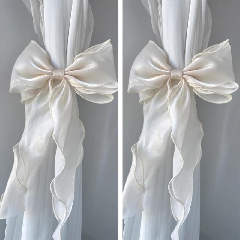 RandomParty 2 Pack French Silky Bow Curtain Tiebacks, Elegant Lace Ribbon for Curtains Decorative Rope Accessories Home Décor (White,2) - Image 1